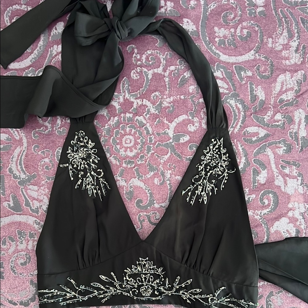Black Halter Top with Silver Beaded Embroidery
